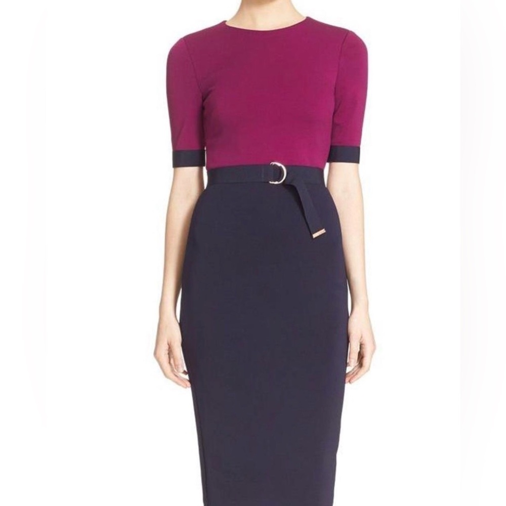Ted Baker Magenta & Navy Belted Midi Dress